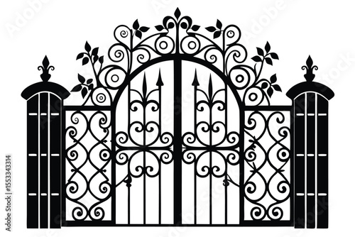 Black Silhouette of Ornate Iron Gate with Scrollwork, Foliage Design, and Post