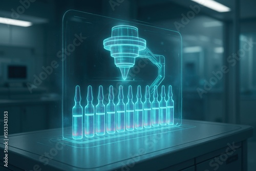 Digital hologram of robotic arm and ampoules in a modern pharmaceutical laboratory