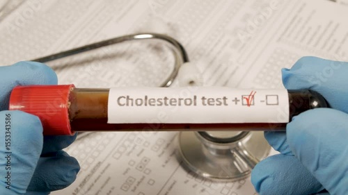 Doctor showing cholesterol test tube with positive result