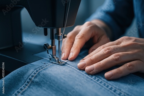 Close up of hands sewing blue denim fabric on a modern black sewing machine
