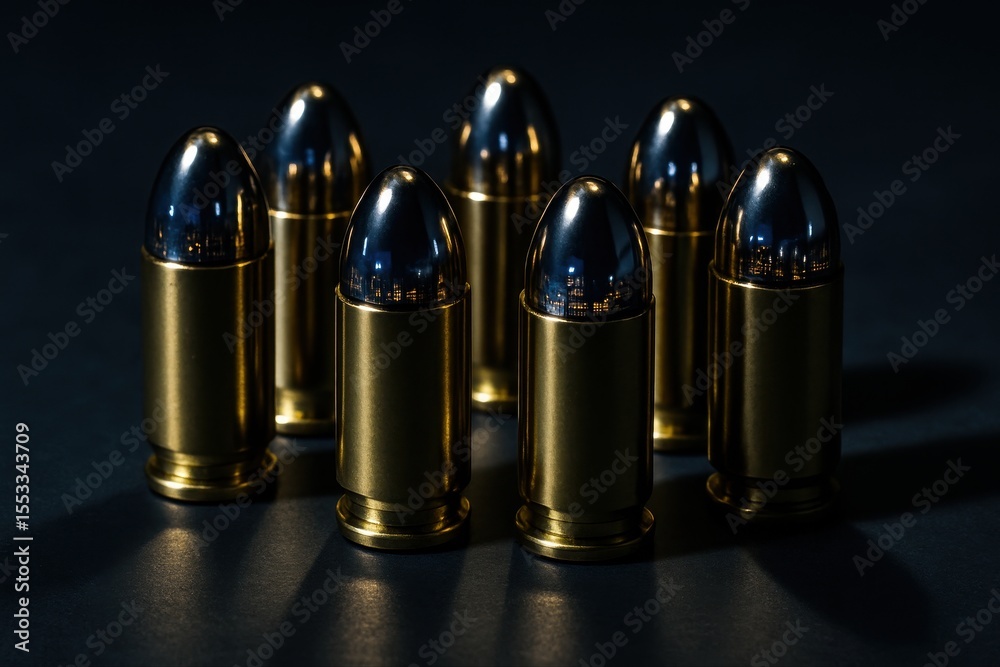 Close up of seven gleaming brass 9mm ammunition rounds standing upright on a dark surface with dramatic lighting Close up of seven gleaming brass 9mm ammunition rounds standing upright on a dark surface with dramatic lighting