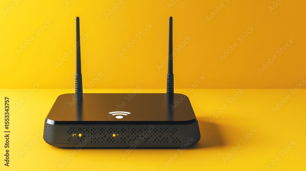 Fototapeta premium Modern black internet router on yellow background