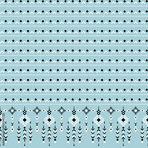 Geometric Ethnic seamless pattern, Native American tribal fabric, tile, carpet, vector, illustration design, oriental traditional, black white blue background, wallpaper