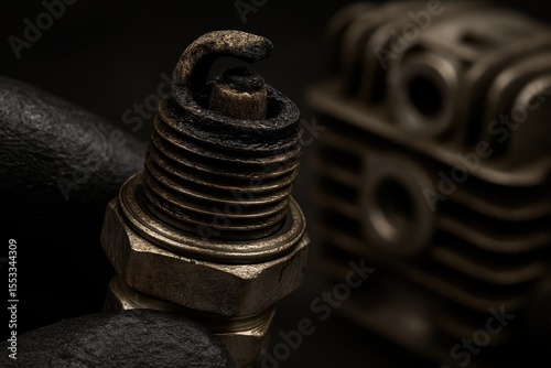 Detailed macro shot of a dirty, worn spark plug with carbon buildup, signaling engine problems