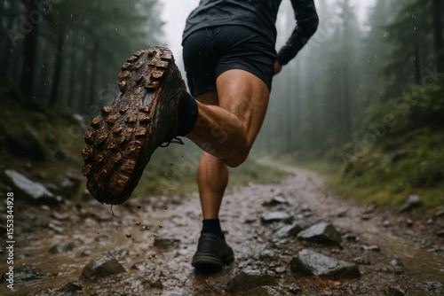 Close up of a trail runner muddy shoe and leg mid stride on a wet forest path