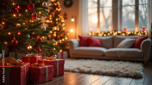 Blurred background on chrismas tree with gift boxes in living room, backdrop
