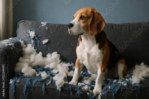 Mischievous beagle dog sitting on a destroyed sofa with white stuffing everywhere