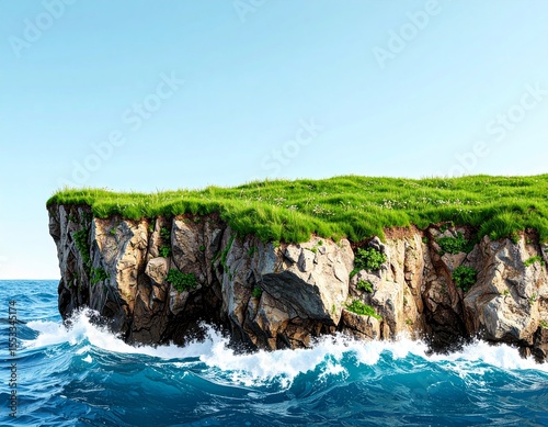 3D rendering of a coastal cliff with crashing waves below and wind-blown grass above, isolated