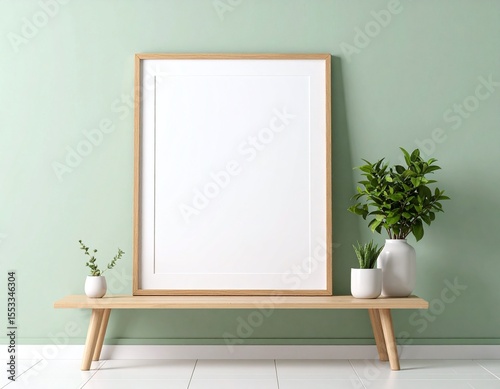 Blank Canvas in Wooden Frame Against Green Wall