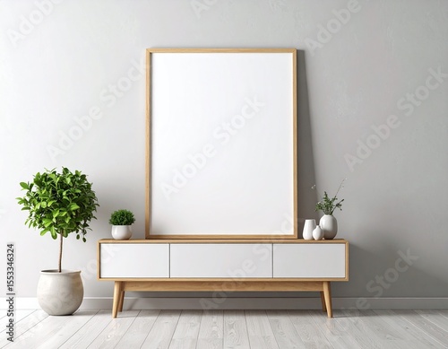 Blank Canvas in Wooden Frame Against Grey Wall