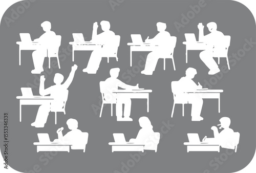Diverse group of people in silhouette sitting at desks with laptops and writing some raising hands in a classroom or office setting
