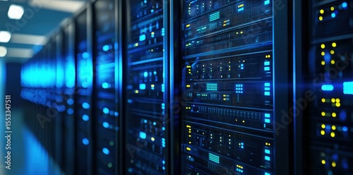 Modern data center with glowing blue and yellow LED lights on server racks, perfect for technology, cloud infrastructure, data storage, networking, and cybersecurity themes