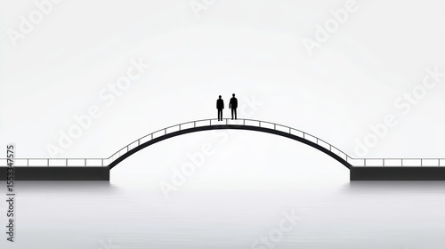 Minimalist image of two people standing on a curved pedestrian bridge over calm water with a white background.