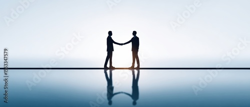 Two silhouetted businessmen shake hands on a narrow platform with their reflection visible in the water below, symbolizing partnership and agreement.