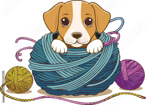 Adorable Puppy Tangled in Colorful Yarn Vector Illustration