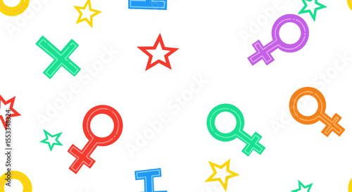 Colorful seamless pattern with female gender symbols, stars, and letters on white. Vector pattern.
