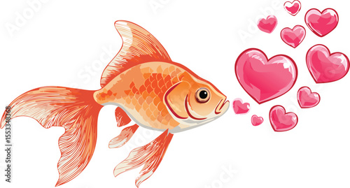 Adorable Goldfish Blowing Heart Bubbles Vector Illustration