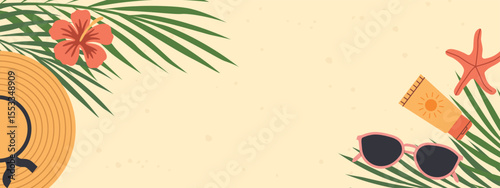 summer banner with tropical beach and sunglasses, SPF cream, starfish, straw hat, hibiscus hawaii flower; perfect for vacation-themed graphics, travel promotions, or seasonal marketing materials
