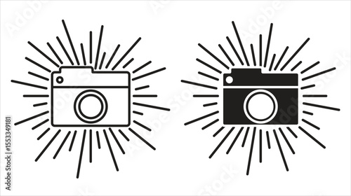 camera icon, light beam symbol, isolated on white background, vector illustration.