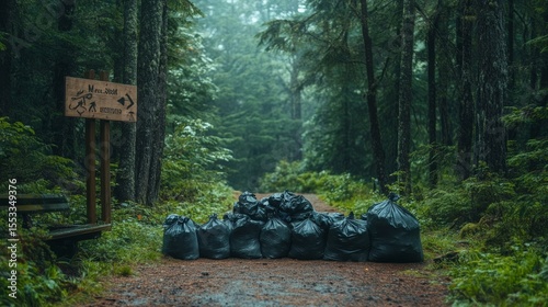 A scenic forest scene with a pile of collected trash bags near a trail sign, signifying a successful cleanup effort, surrounded by greenery and towering trees.