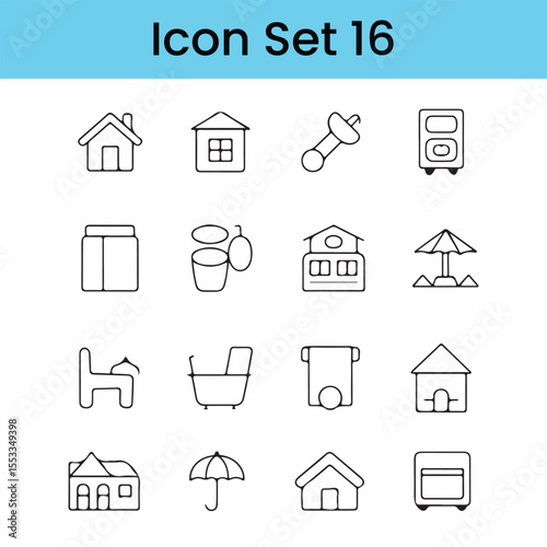 Home and Household Outline Icon Set Domestic Objects and Architecture