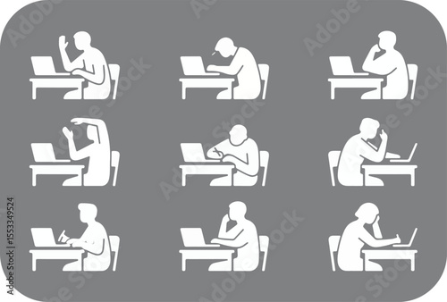 Collection of nine white minimalist icons depicting people in various poses using laptops at desks representing different work and study activities