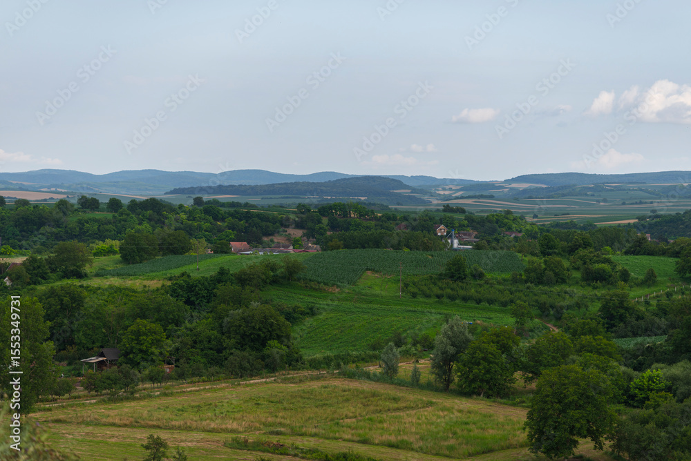 Obraz premium Panoramic rural landscape with hills and green fields