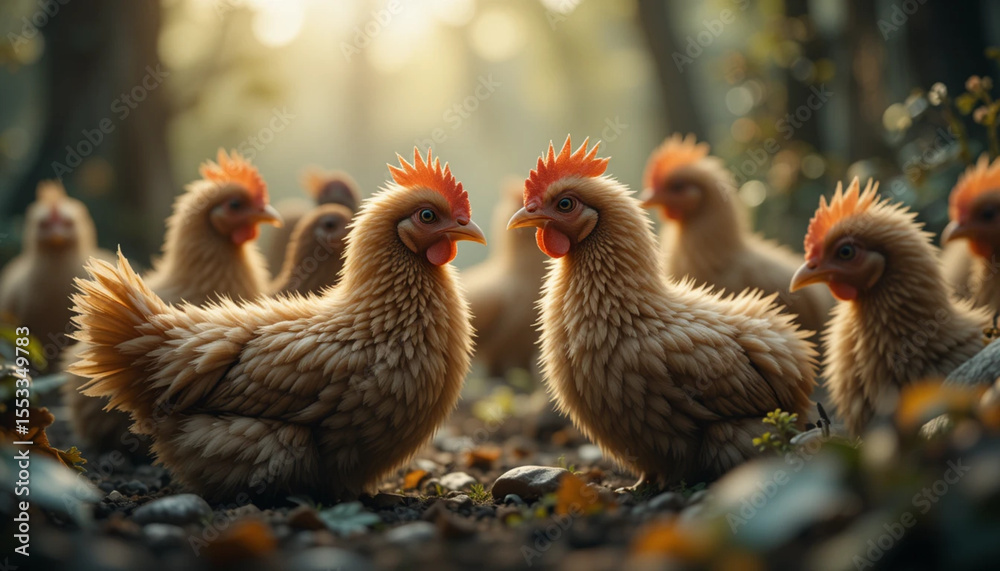 Fototapeta premium Group of Chickens in Forest Exploring Ground in Soft Sunlight