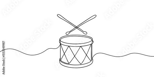 continuous line drawing.drum and sticks.minimalist line music concept.drum musical instrument tool.hand drawn vector illustration
