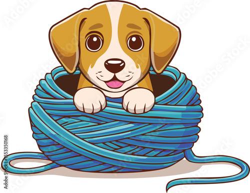 Adorable Puppy Tangled in Colorful Yarn Vector Illustration