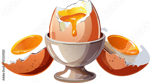 A soft-boiled egg in an egg cup with two cracked eggshells on either side.  The yolk is runny and golden.