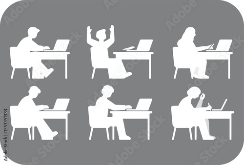 Collection of stylized white silhouettes of people working on laptops at desks expressing different emotions and postures against a gray background