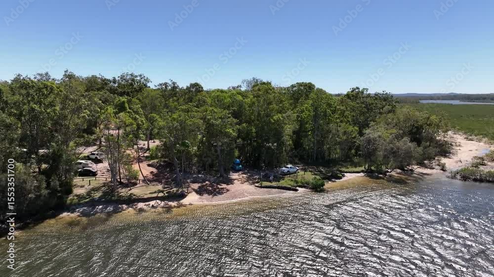 Log Boat Ramp Drone View of Log Dump Camp Boat Ramp with Vanlife Setup in Scenic ...