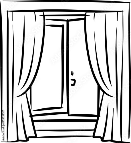 open window with curtains outline coloring book page line art vector illustration