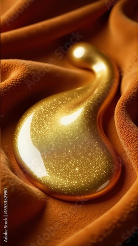 A shimmering golden droplet rests on soft brown fabric, showcasing its glossy texture.