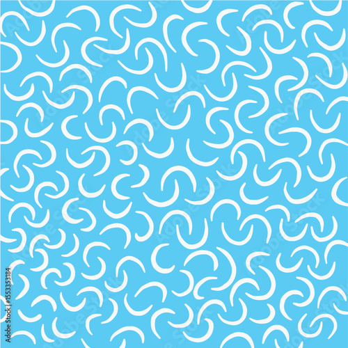 Abstract seamless pattern with hand-drawn white swirl and crescent shapes on a blue background. Modern minimalist texture ideal for wallpapers, textile prints, digital graphics, and packaging.