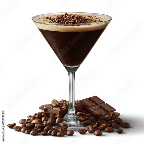 Gourmet espresso martini cocktail with chocolate shavings and coffee beans isolated on white background