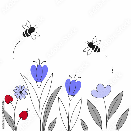 Bees pollinating colorful flowers in a simple garden scene  