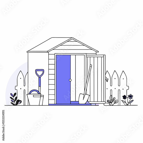 Garden shed with open door and gardening tools outside  