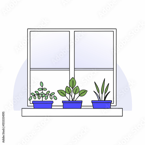 Fresh herbs and plants on windowsill in blue pots indoors  