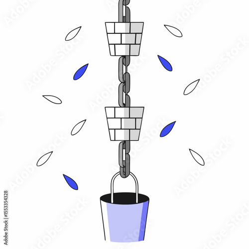 Rain chain downspout feature in minimal style with blue accents  