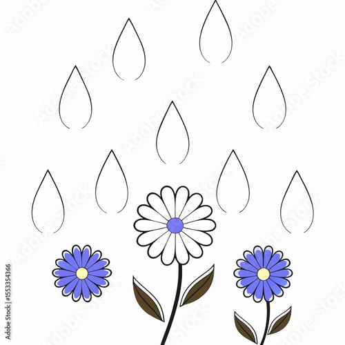 Colorful flowers with raindrops in a simple flat design  