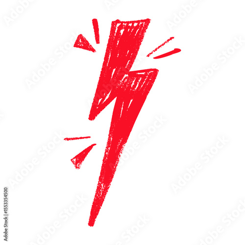 Red Hand draw thunder bolt with zappy doodle lines. Electric lightning flash energy symbol. Flat vector illustration isolated on white background.