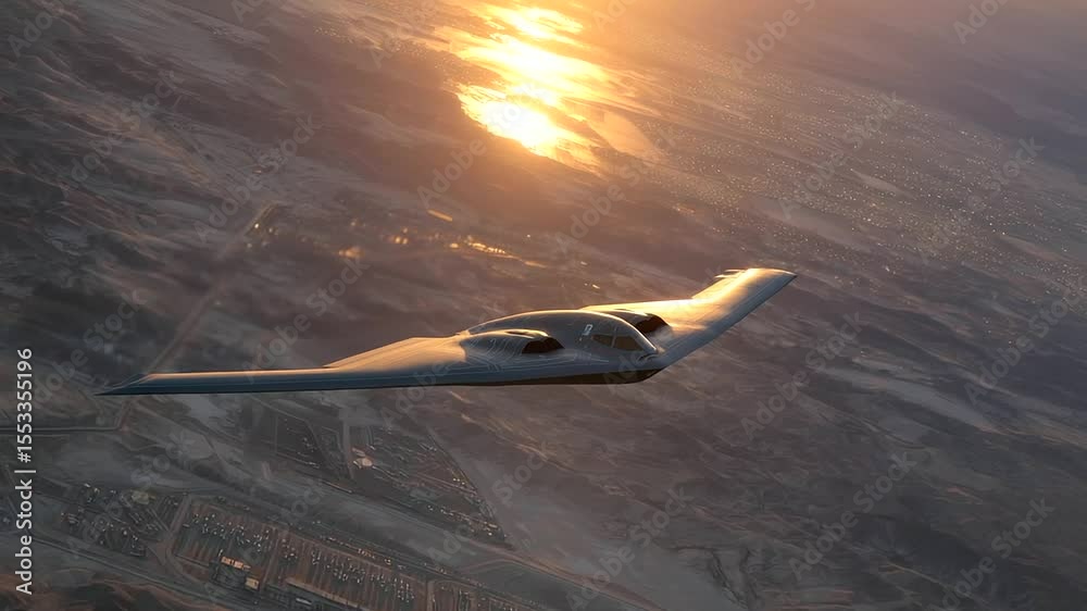 Strategic bomber flies beneath a blazing sun over a desert border facility, long lines of fencing and watchtowers visible from above