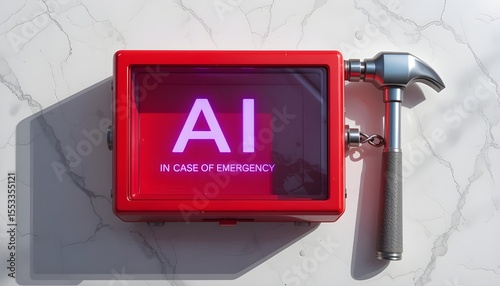 Red emergency box with ai text and a hammer ready to break glass for artificial intelligence access