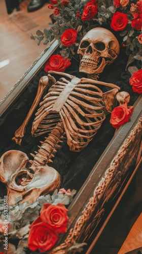 Skeleton in Ornate Coffin Surrounded by Red Roses