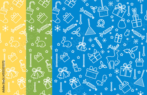 Christmas holiday pattern with gifts, stockings, and festive symbols on colorful backgrounds
