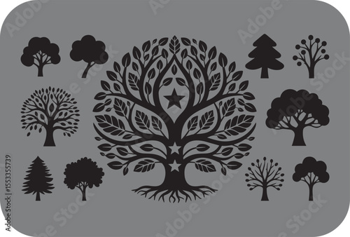 Collection of stylized black tree silhouettes with intricate leaf patterns and stars set against a neutral gray background representing nature and growth