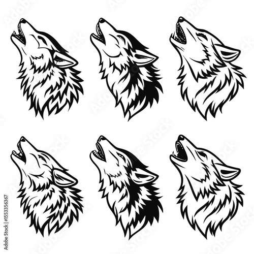 single cohesive image that contains six wolves howling Unique Animal Vector Illustration in Minimal Bold Line Art Featuring Black and White Silhouette for Graphic Artists and Designer 