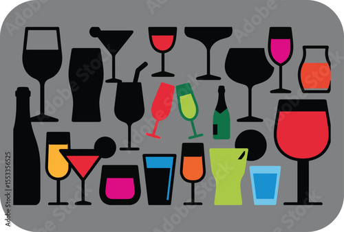 A vibrant collection of stylized alcoholic and non alcoholic beverages in various glasses and a bottle against a neutral gray background